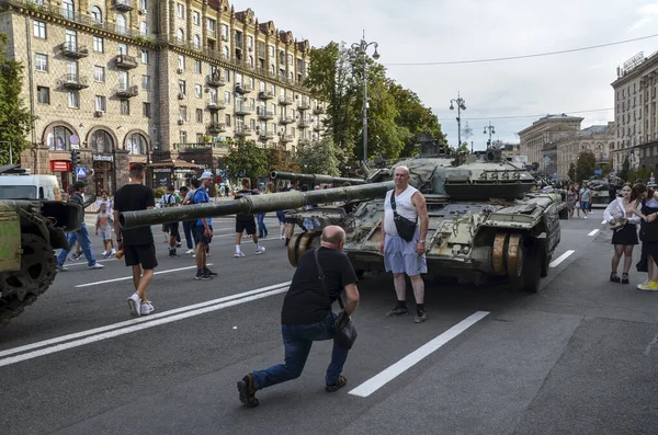 stock image Russian tank crushed by Ukraine army display at exhibition of destroyed Russian equipment on Khreschatyk street in Kyiv