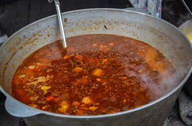 Kırmızı Ukrayna borsası, açık havada hazırlanmış pancar pancarı ve et. Geleneksel Ukrayna mutfağı