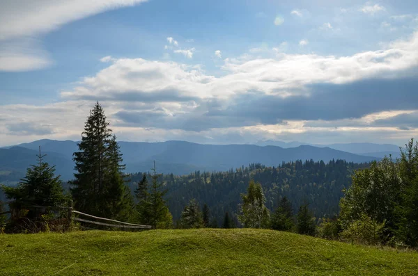 Karpatlar Yamaçlarında Ormanlık Arazisi Olan Güzel Bir Otlak Muhteşem Bulutlu — Stok fotoğraf