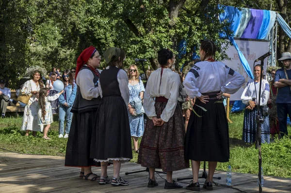 Cantanti Folk Ragazza Ucraina Abito Autenticazione Eseguire Pubblico Vista Posteriore — Foto Stock
