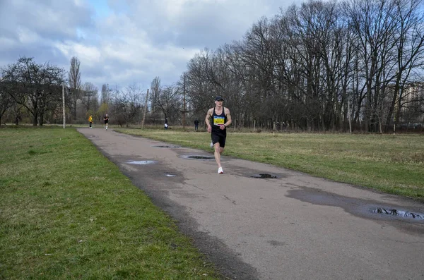 Healthy Sportive Man Running Outdoors City Park Asphalt Road Sunny — Stock Photo, Image