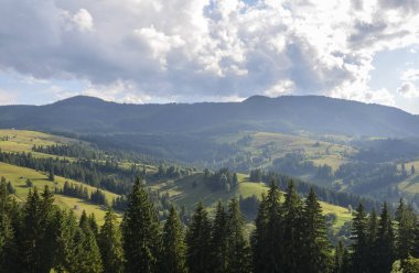 Dağların manzaralı manzarası, orman, çayırlar ve arka planda otlaklar, Ukrayna 'nın Karpatya sırtı üzerinde bulutlu bir gökyüzü.