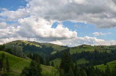 Dağ yamaçları, ağaçlar ve gökyüzündeki bulutlar. Ukrayna Karpatları 'nın inanılmaz manzara manzarası