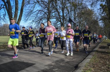 Şehir maratonu sırasında dışarıda koşan bir grup genç sporcu. Sokakta spor yapıyor. Sağlıklı yaşam tarzı kavramı