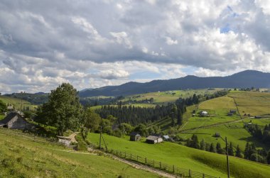 Dağ vadisi olan güzel bir manzara, tepelerde küçük bir köy, yemyeşil çimenler ve ağaçlarla kaplı yemyeşil çayırlar. Yazın Karpat Dağları