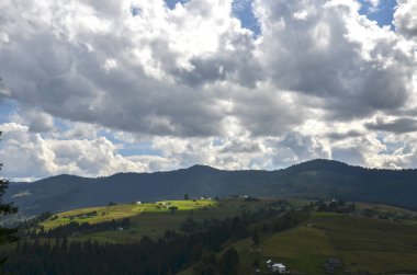 Yeşil tarlalar ve tepeler, evler, yüksek dağ sırtı. Karpat Dağları, Ukrayna