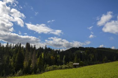 Küçük kırsal ahşap ahır ve dağlık arazi. Yaz günü bulutlu mavi gökyüzünün altında çayırlar ve ormanlar. Karpat Dağları, Ukrayna 