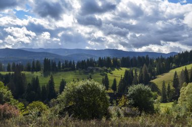 Yeşil güneşli tepelerdeki dağ köyünde, mavi gökyüzünün altında bulutlarla kaplı ormanlık arazisi olan kır manzarası. Karpat Dağları, Ukrayna 
