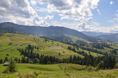 Bir vadideki küçük bir yerleşim yerinin etrafındaki yeşil orman. Bulutların arasından geçen bir güneş ışını dağların ve vadinin farklı bölgelerinde bir ışık ve gölge oyunu yaratıyor. Karpatlar