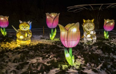 Büyük pembe lalelerin arasında duran samuray elbiseli iki sevimli kedinin parlak ışıklı figürleriyle gece sahnesi. Atmosferik tanıtım materyalleri, posterler ve kitap kapakları için ideal 