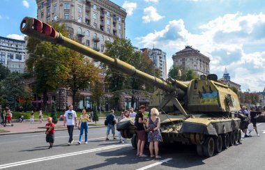 Burnt and damaged self-propelled howitzer Msta-S displayed at Khreshchatyk street in Kyiv during an exhibition of russian military equipment clipart