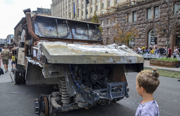 Protected vehicle BMM Linza of the russian armed forces at the parade of destroyed Russian tanks during of Independence Day of Ukraine on Khreshchatyk street in Kyiv