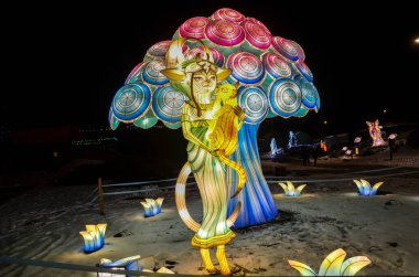 Hafif ağaç heykelleri ve daha küçük heykellerle çevrili bir kediyi tutan sihirli bir yaratıkla birlikte karanlık bir arka planda çiçek şeklinde ışık tesisatlarının olduğu gece gösterisi.