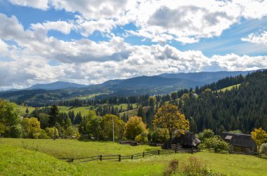 Yazın, yeşilliklerin ve yemyeşil yaprak döken ağaçların arasında uzak dağların zemininde yuvarlanan kırsal evlerin olduğu bir manzara. Karpatlar, Ukrayna 