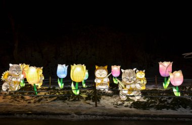 Büyük pembe lalelerin arasında duran parlak ışıklı samuray elbiseli şirin kedilerin olduğu bir gece sahnesi. Atmosferik tanıtım materyalleri, posterler ve kitap kapakları için ideal 