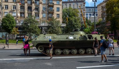 Remains of russian armored vehicle displayed at Khreshchatyk street in Kyiv. War in Ukraine 