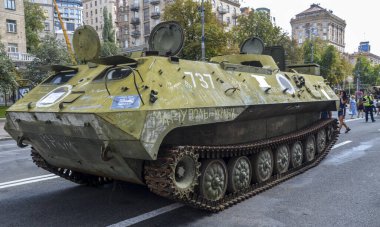 Remains of russian armored vehicle displayed at Khreshchatyk street in Kyiv. War in Ukraine 
