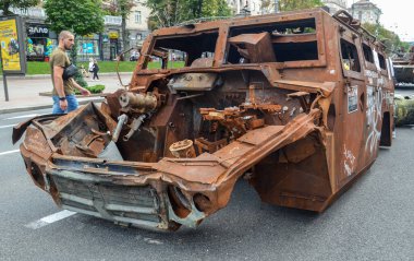 Destroyed russian army all-terrain Tigr-M (Tiger) infantry mobility vehicles parked in the central Khreshchatyk street during exhibition in Kyiv