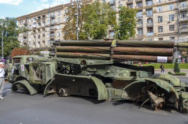 Crushed 9T452 transporter-loader for 9K57 Uragan (Hurricane) Multiple Rocket Launcher System MLRS during an exhibition displaying destroyed russian military vehicles