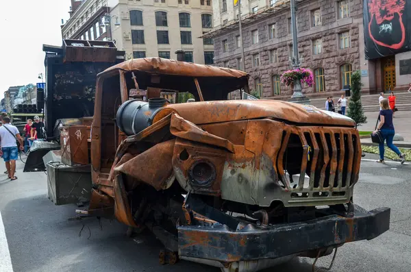 stock image Multiple launch rocket system BM-21 know as Grad was destroyed by Armed Forces of Ukraine displayed on exhibition of captured russian military vehicles in Kyiv