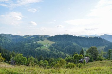 Çeşitli otlar ve çalılarla eğimli çayırlar, karanlık çatılı ve güzel manzaralı küçük bir ahşap eve götürür. Yoğun ormanlık dağlara doğru açık bir sis tabakasıyla örtülmüş. Karpatlar, Ukrayna