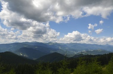 Kümülüs bulutlarıyla dolu dinamik bir gökyüzünün altında sık ormanlarla kaplı dağ sırtı manzarası. Işığın ve gölgenin etkileşimi derinlik katıyor ve doğal alanın enginliğini vurguluyor.