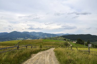 Şatafatlı dağların ve bulutlu gökyüzünün zeminine karşı, ahşap çitlerle çevrili, yemyeşil çitler boyunca uzanan toprak bir yol ile sakin kırsal bölgeyi keşfedin. Karpat Dağları, Ukrayna
