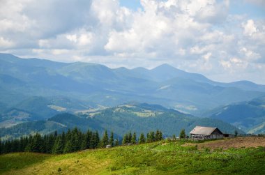 Güzel Chornohora dağ sıraları, yemyeşil çayırların ve bulutlu gökyüzünün altında yoğun çam ormanlarının arasına yuva yapmış ahşap çoban evi, dinginlik ve izolasyonu çağrıştırıyor. Karpatlar, Ukrayna