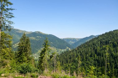 Yoğun yeşil ormanlar, yuvarlanan tepeler, vadideki köy ve açık bir gökyüzünün yer aldığı manzaralı dağ manzarası. Huzurun ve doğal güzelliğin özünü yakalamak. Karpat Dağları, Ukrayna