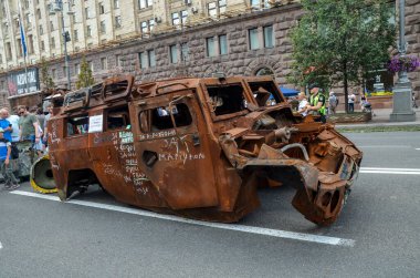 Destroyed russian army all-terrain Tigr-M (Tiger) infantry mobility vehicles parked in the central Khreshchatyk street during exhibition in Kyiv