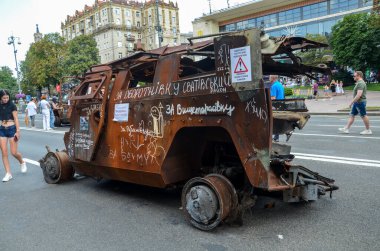 Destroyed russian army all-terrain Tigr-M (Tiger) infantry mobility vehicles parked in the central Khreshchatyk street during exhibition in Kyiv
