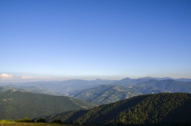 Yuvarlanan tepelerin huzurlu panoramik manzarası açık mavi gökyüzünün altında yemyeşil ormanlar ve uzak tepeler. Dağlık bölgedeki doğal güzellik ve sükunetin mükemmel bir tasviri. Karpatlar, Ukrayna