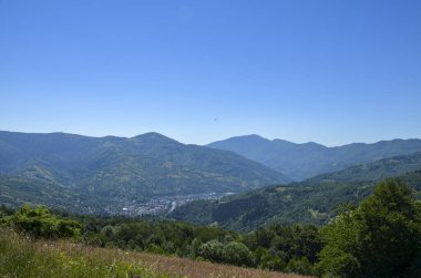 Breathtaking view of a mountain valley showcasing a picturesque Rakhiv town, lush green vegetation, and surrounding hills under a clear blue sky. Carpathian Mountains, Ukraine clipart