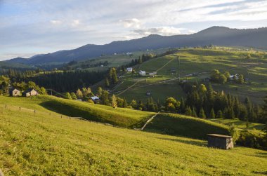 Gün batımında dağınık kulübeleri ve ağaçları olan yuvarlanan yeşil tepeler sakin bir kır manzarası yaratır. Karpat Dağları, Ukrayna