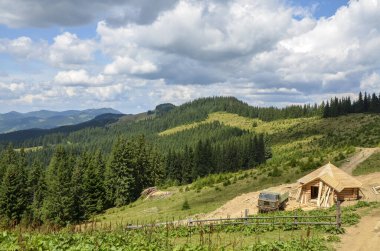 Etrafı yeşil tepeler ve yoğun ormanlarla çevrili, parçalı bulutlu gökyüzü altında küçük ahşap kulübelerin bulunduğu yeşil kırsal bölge. Karpat Dağları, Ukrayna