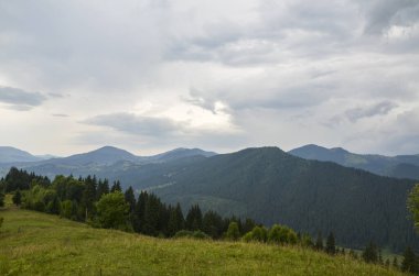 Etrafı bulutlu bir gökyüzü altında ormanlarla çevrili yeşil dağlık bir bölgenin huzur ve doğal güzelliği temsil etmek için mükemmel bir manzarası var. Karpat Dağları, Ukrayna