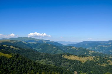 Yuvarlanan yeşil tepeler, yoğun ormancılık ve berrak, geniş mavi gökyüzü içeren dağlık bir manzara. Karpat Dağları, Ukrayna