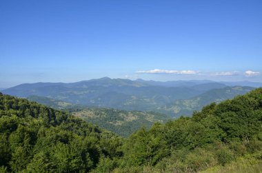 Bereketli yeşil tepelerin panoramik manzarası ve canlı mavi gökyüzü ile uzak dağlar, doğanın sükunetini ve açık havanın güzelliğini yakalıyor. Karpatlar, Ukrayna