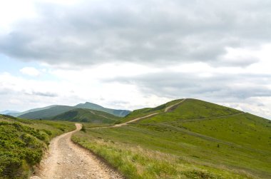 Yeşil tepelerin arasından süzülen, bulutlu gökyüzünün arka planına bakan, barışçıl ve davetkar bir açık hava manzarası yaratan resimsel toprak yol. Karpat Dağları, Ukrayna