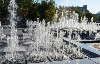 Şehir parkında, arka planda kentsel binalar bulunan açık ve güneşli gökyüzünün altında çeşitli şekillerde su püskürten büyük bir çeşme. Erivan, Ermenistan