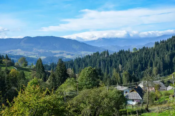 Yeşil tepeler, bir orman alanı ve dağlık zemin içeren kırsal bir manzara. Güzel, güneşli, açık hava sahnesi doğanın cazibesini ve sükunetini yakalıyor. Karpat Dağları, Ukrayna