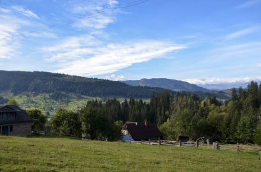 Yeşil tarlaların, büyüleyici evlerin ve bulutlu bir gökyüzüne karşı uzak dağların bulunduğu güzel kırsal manzara. Karpat Dağları, Ukrayna