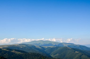 Yeşil tepelerin yuvarlanan manzarası, yemyeşil bitki örtüsü ve açık mavi gökyüzü. Dokunulmamış doğal manzaraların dingin güzelliğini, mantığı, sükuneti ve doğayla bağlantıyı yansıtıyor. Karpatlar