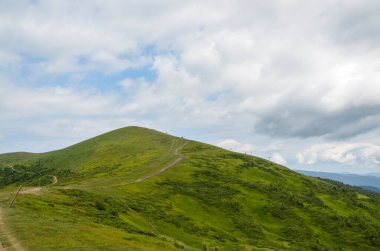 Canlı yeşil Stih Dağı yoğun bitki örtüsüyle kaplı ve bulutlu mavi gökyüzünün altındaki ağaçlar doğal güzellik ve sükuneti sergiliyor. Karpat Dağları, Ukrayna