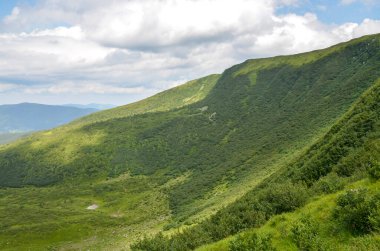 Mavi gökyüzünün altında bulutlu geniş bir dağ sırasına bakan yemyeşil tepe. Doğanın sakin güzelliği, gün ışığı altında el değmemiş manzaraları sergiliyor. Karpatlar, Ukrayna 