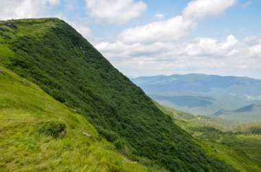 Mavi gökyüzünün altında bulutlu geniş bir dağ sırasına bakan yemyeşil tepe. Doğanın sakin güzelliği, gün ışığı altında el değmemiş manzaraları sergiliyor. Karpatlar, Ukrayna 