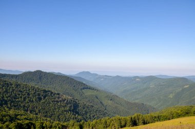 Açık mavi gökyüzünün zemininde yoğun ormanlarla kaplı yuvarlanan yeşil tepeleri tasvir eden nefes kesici manzara doğanın dingin ve barışçıl güzelliğini en saf haliyle sergiliyor. Karpatlar