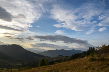 Berrak mavi gökyüzünün altında, yumuşak, yuvarlanan bulutlarla nefes kesici bir sıradağ manzarası. Güneşli manzara yemyeşil ve doğal manzaraya sahiptir. Karpat Dağları, Ukrayna