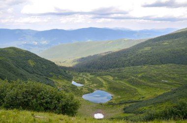 Dağ manzarasının huzur verici güzelliği, taze Vorozheska gölü, canlı yeşil manzaraların içine yerleşmiş, huzuru ve doğanın cazibesinin ihtişamını somutlaştırıyor. Karpat Dağları, Ukrayna