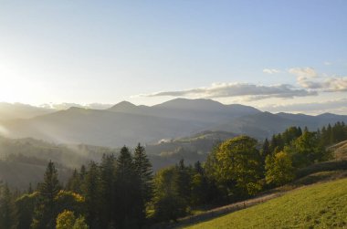Gün batımında büyüleyici bir dağ manzarası, uzak tepeler, güneş ışınları, yemyeşil ormanlar, ve sakin ışıkta yavaşça yuvarlanan tepeler. Karpat Dağları, Ukrayna
